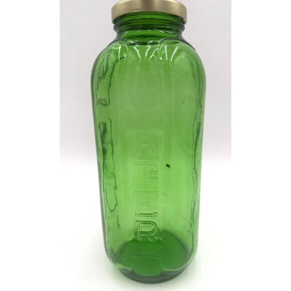 Vintage Embossed Green Glass Refrigerator Water Bottle Gold Metal Lid 32 Oz Lid - Picture 3 of 11